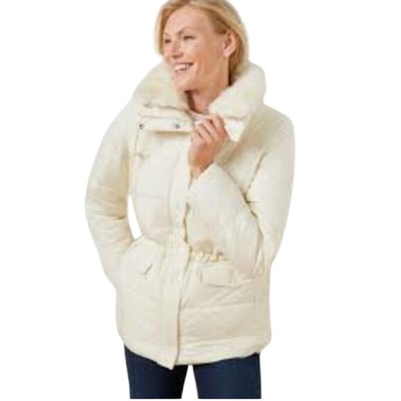 Talbots Puffer Jacket Removable Faux Fur Collar Quilted Zip Cream Size Large 12 - Picture 11 of 11